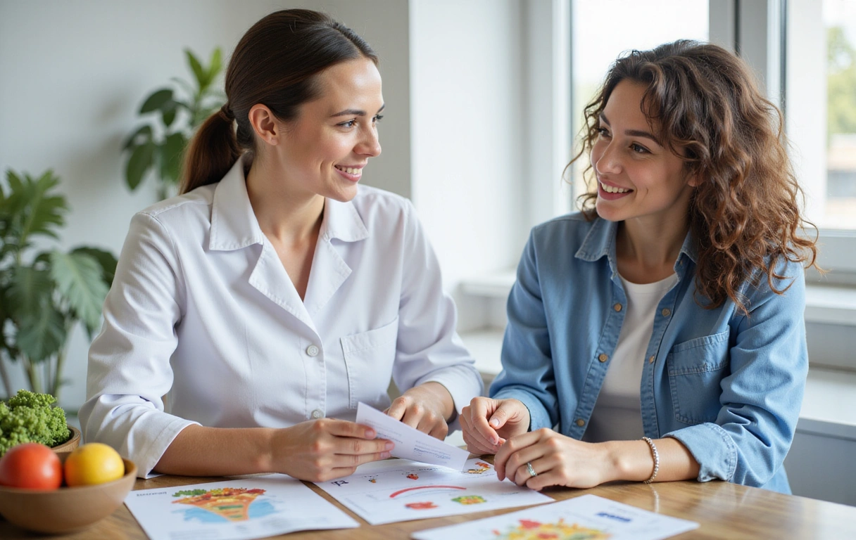 A person consulting with a nutritionist, showing a friendly and professional interaction, with healthy food elements subtly in the background.