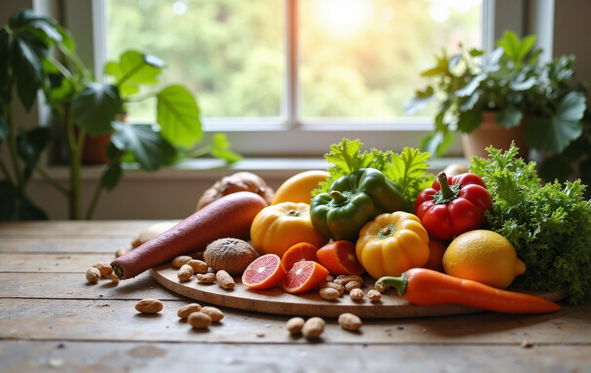 Serene image depicting fresh, healthy food ingredients like fruits, vegetables, and nuts on a wooden table, with soft, natural lighting.
