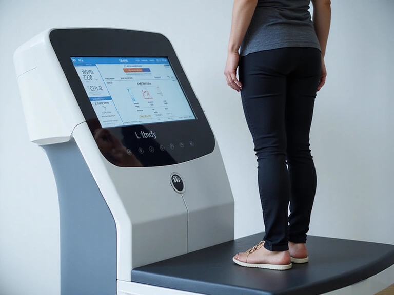 Nowoczesne urządzenie do analizy składu ciała z osobą stojącą na nim, wyświetlające dane