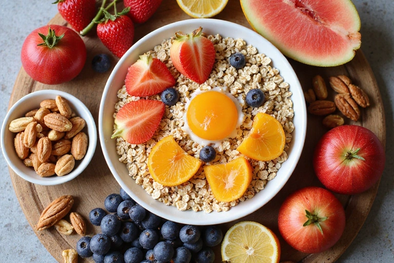 A vibrant image of a healthy breakfast spread, including fruits, oats, and nuts, in an appealing arrangement.