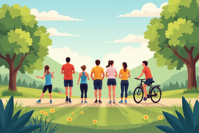 An image of a diverse group of people engaging in various forms of physical activity, such as jogging, yoga, and cycling, in a park setting.