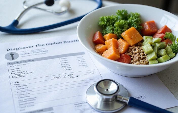 Obraz przedstawiający medyczną kartę pacjenta oraz stetoskop obok miski ze zdrowym, terapeutycznym jedzeniem, symbolizujący dietetykę kliniczną.