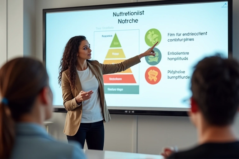 Dietetyk prowadzący prezentację o zdrowym odżywianiu dla publiczności.