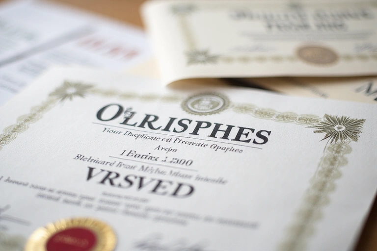 A collage of professional-looking certificates and diplomas, blurred in the background, suggesting expertise. No text, letters, or inscriptions.