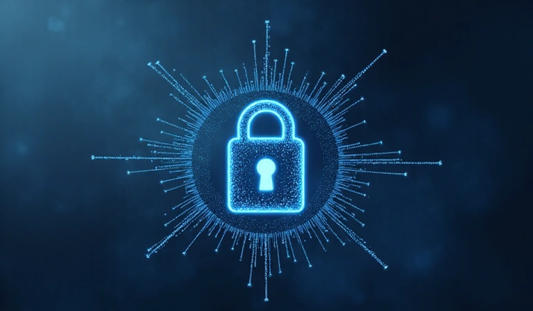 Cybersecurity lock icon with abstract data flowing around it, representing data protection