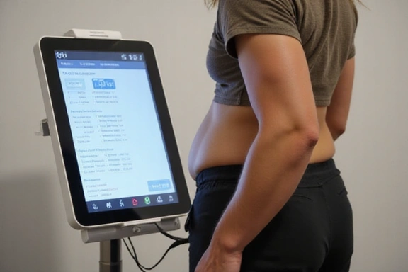 Osoba poddawana analizie składu ciała na wadze bioimpedancyjnej