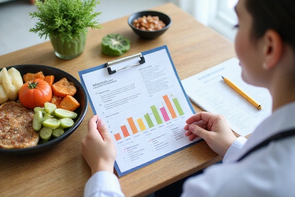 Ręka lekarza trzymająca wykres obok zdrowego jedzenia